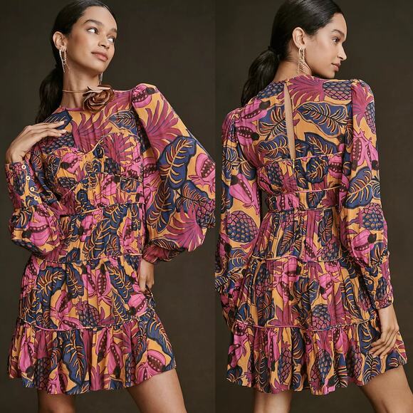 FARM Rio Dresses & Skirts - Farm Rio Anthropologie Fruit Dream Tropical Leaf Print Long Sleeve Mini Dress S